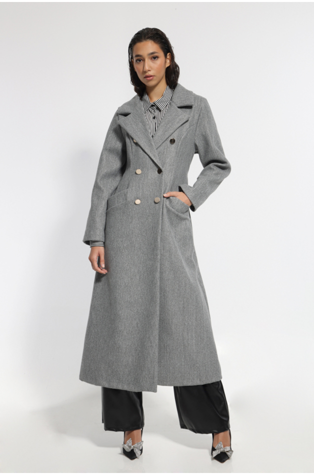 LONG GRAY COAT WITH WAIST BELT