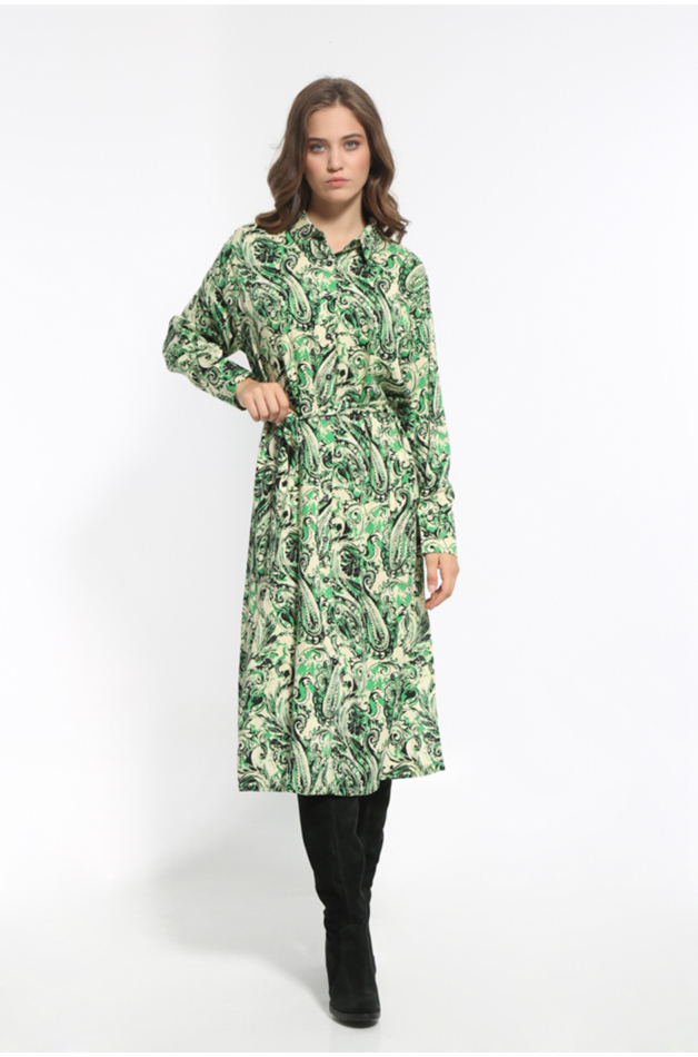 GREEN MACHI DRESS WITH BELT AND WAIST BELT