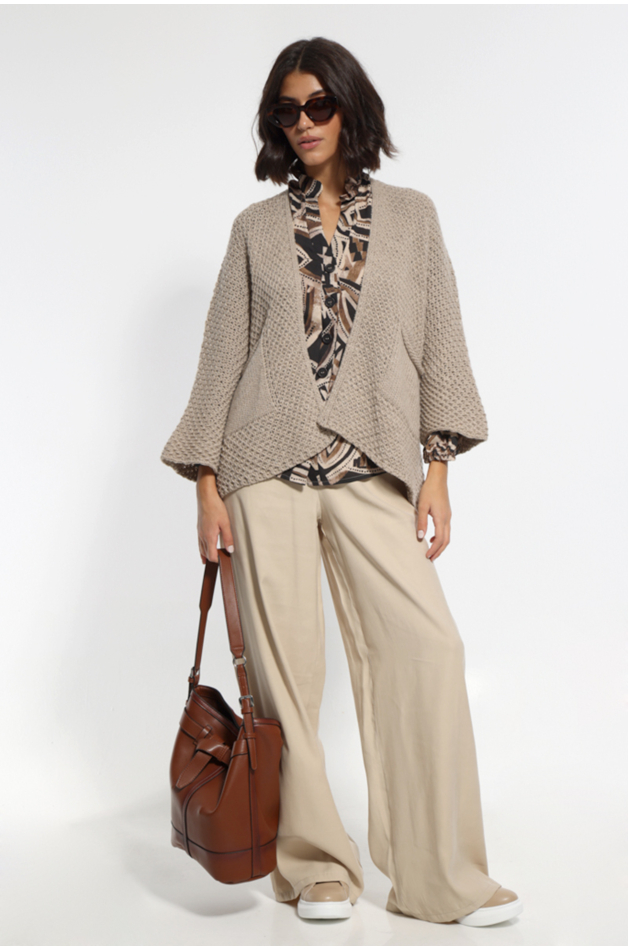 BEIGE WIDE PANTS WITH POCKETS AND ELASTIC WAIST