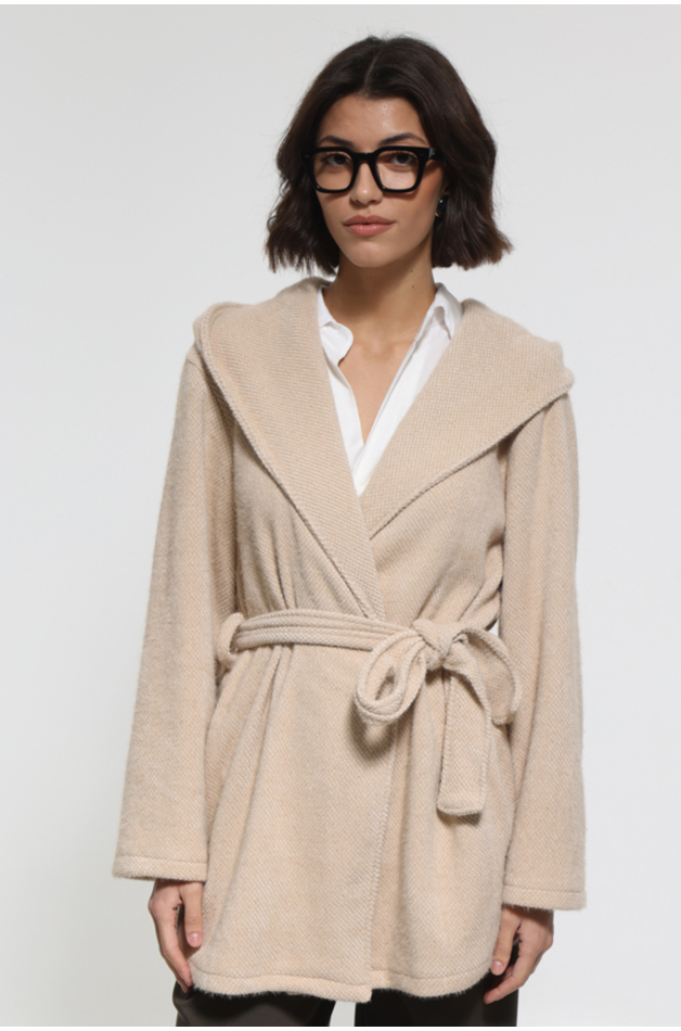 BEIGE JACKET WITH WAIST BELT AND HOOD