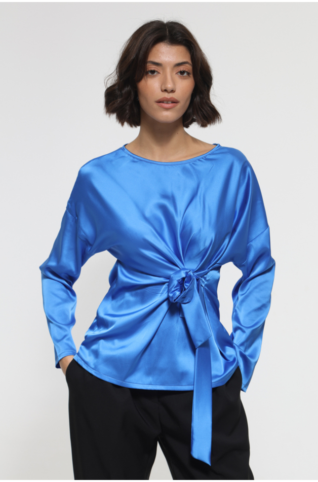 ROYAL BLUE LONG SLEEVE BLOUSE WITH WAIST TIE