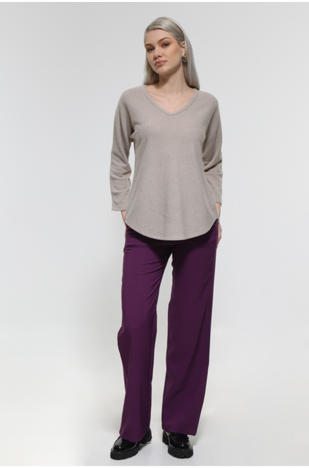 PURPLE PANTS WITH WIDE STRIPE ELASTIC WAIST