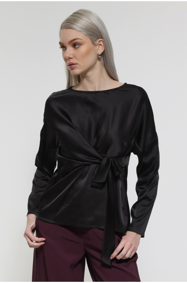 BLACK LONG SLEEVE BLOUSE WITH WAIST TIE