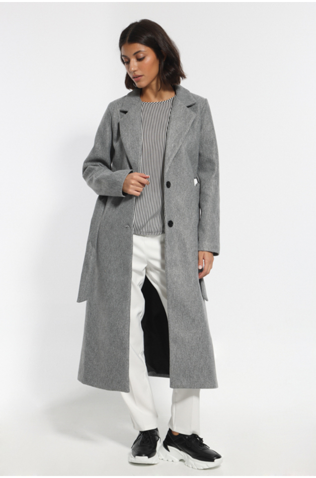 GRAY COAT WITH WAIST BELT AND POCKETS