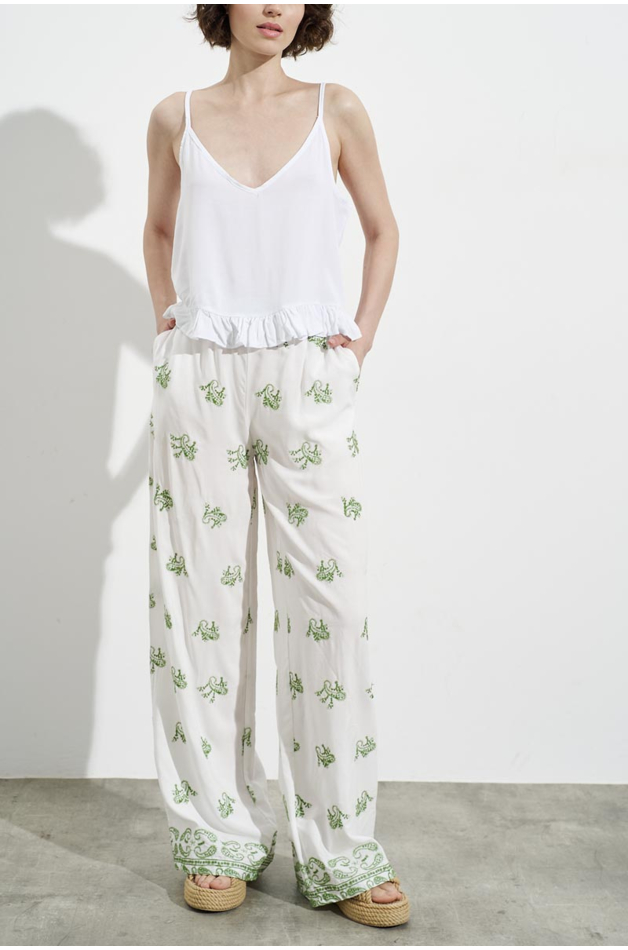 VISCOSE WHITE TROUSERS WITH GREEN EMBROIDERY