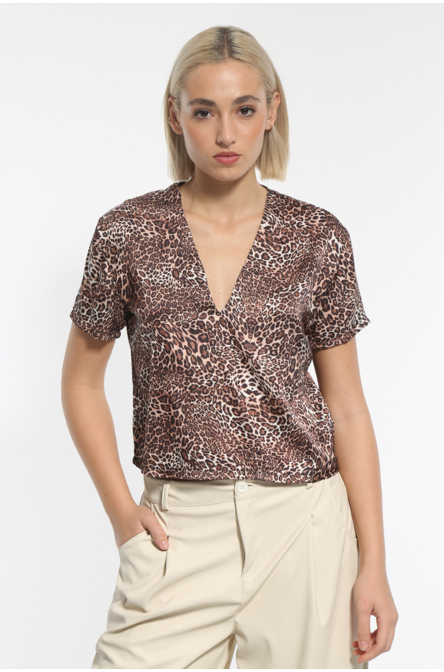 SHORT-SLEEVED V-NECK PRINTED BLOUSE